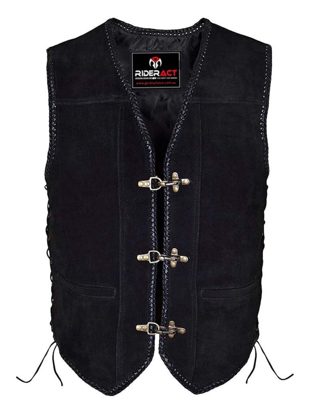 RIDERACT® Black Leather Motorcycle Vest Triple Clasp Biker Riding Vest